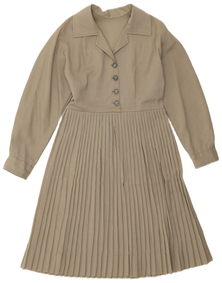Vintage Womens Long Sleeve A-Line Dress UK 12 Medium Khaki