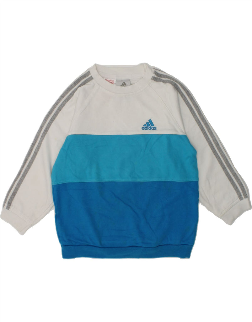 ADIDAS Boys Graphic Sweatshirt Jumper 2-3 Years Blue Colourblock Cotton | Vintage Adidas | Thrift | Second-Hand Adidas | Used Clothing | Messina Hembry 