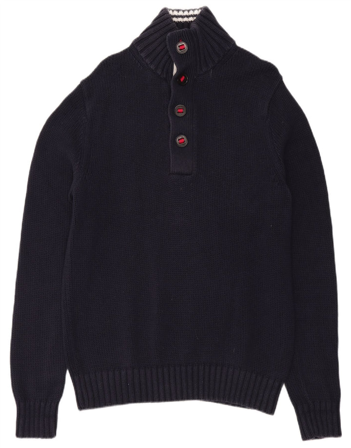 TOMMY HILFIGER Mens Button Neck Jumper Sweater XL Navy Blue Cotton