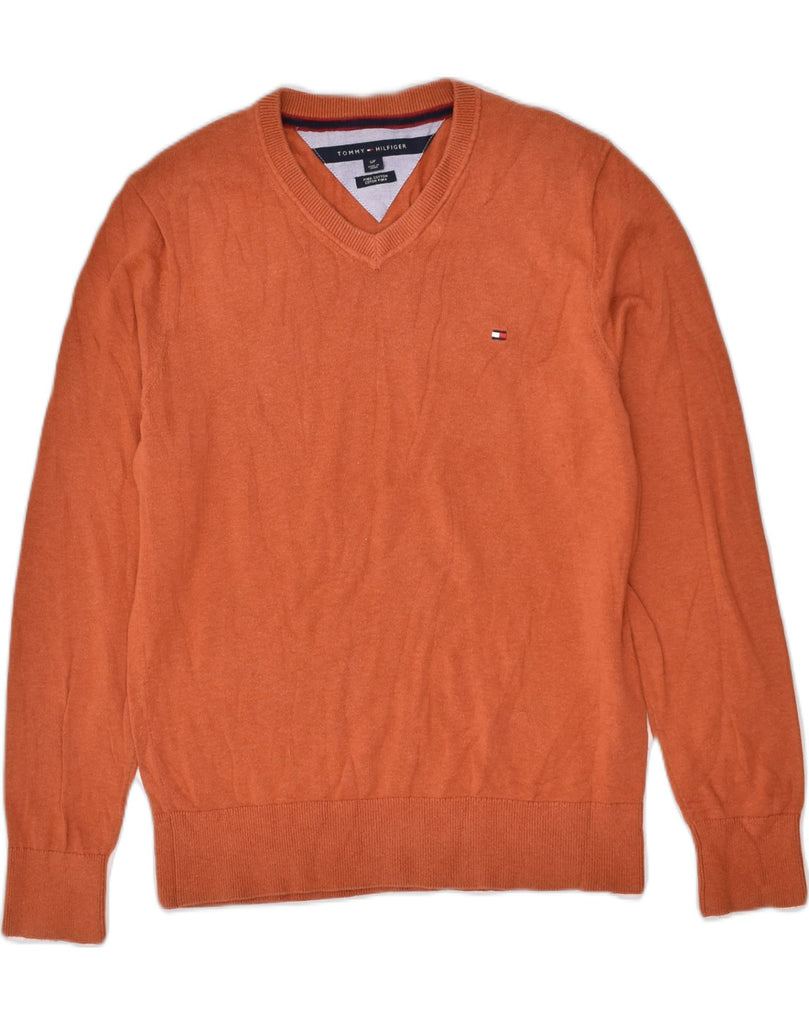 TOMMY HILFIGER Mens V-Neck Jumper Sweater Small Orange Cotton | Vintage Tommy Hilfiger | Thrift | Second-Hand Tommy Hilfiger | Used Clothing | Messina Hembry 