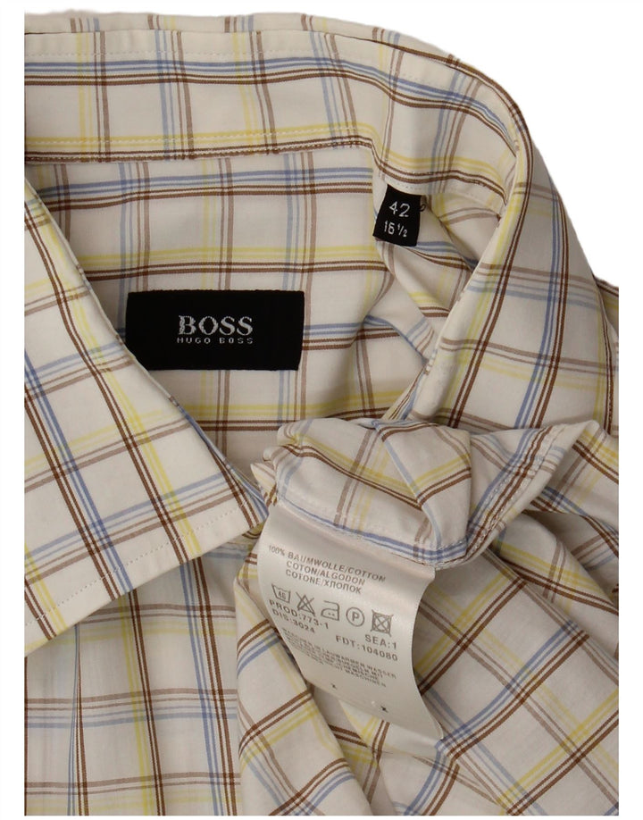 HUGO BOSS Mens Short Sleeve Shirt Size 16 1/2 42 Large White Check Cotton