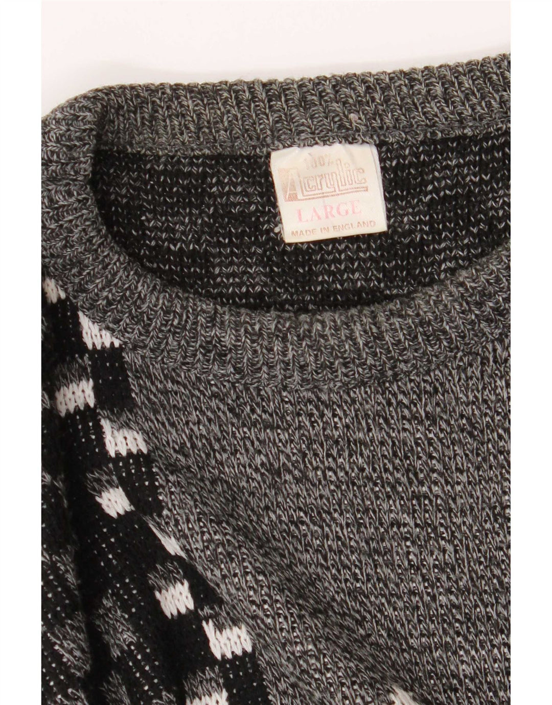 Vintage Mens V-Neck Jumper Sweater Large Grey Geometric Acrylic