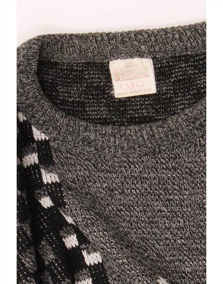 Vintage Mens V-Neck Jumper Sweater Large Grey Geometric Acrylic