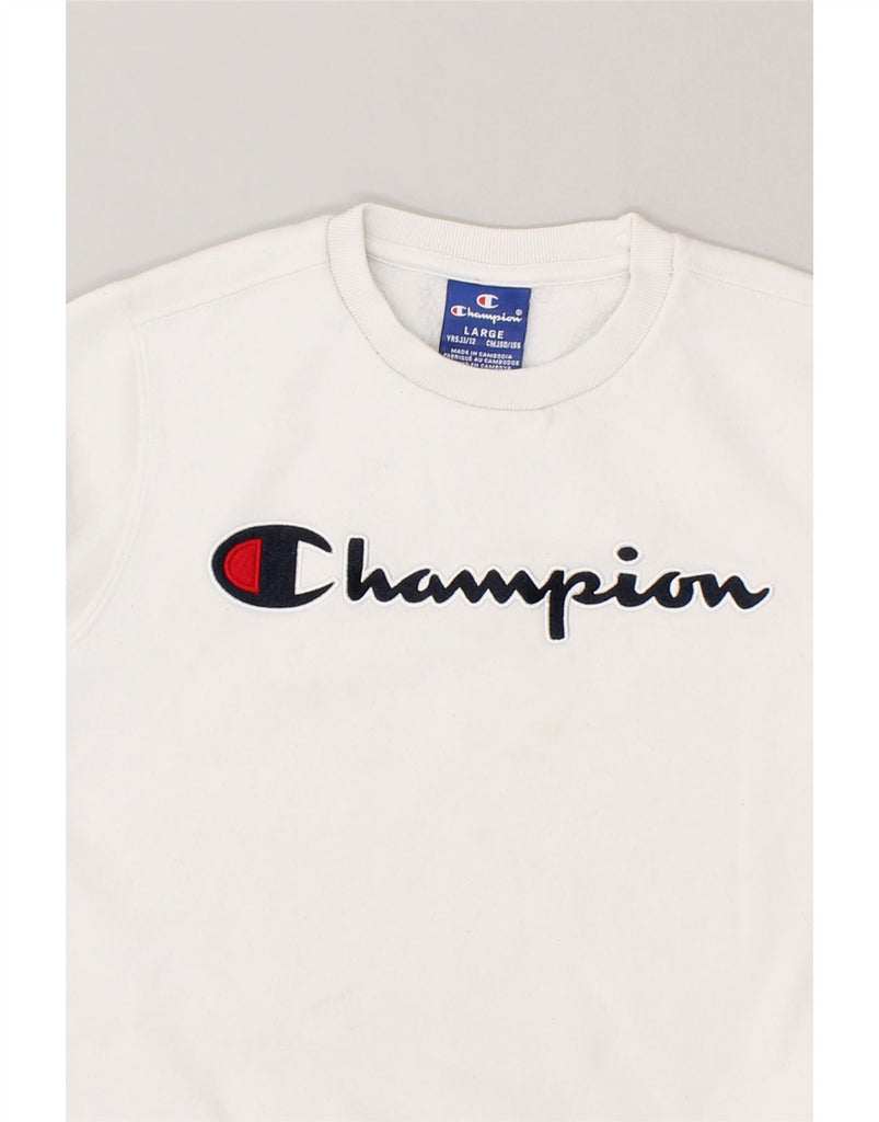 CHAMPION Boys Graphic Sweatshirt Jumper 11-12 Years Large White | Vintage Champion | Thrift | Second-Hand Champion | Used Clothing | Messina Hembry 