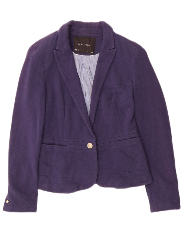 Zara Womens Crop 1 Button Blazer Jacket UK 12 Medium Navy Blue Cotton
