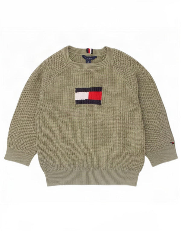 Tommy Hilfiger Boys Graphic Boat Neck Jumper Sweater 4-5 Years XS Khaki