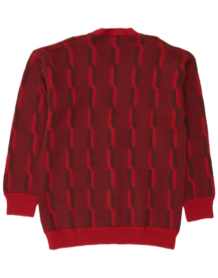 VINTAGE Mens Cardigan Sweater Large Burgundy Striped