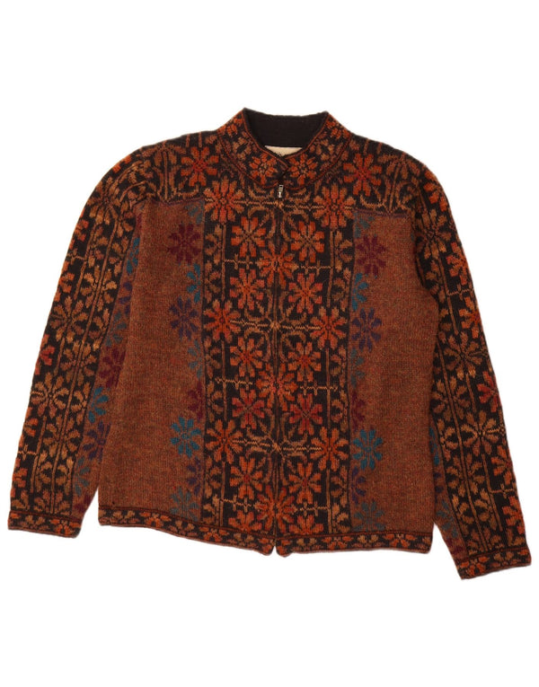 Intiwara Womens Full Zip Cardigan Sweater UK 10 Small Brown Fair Isle