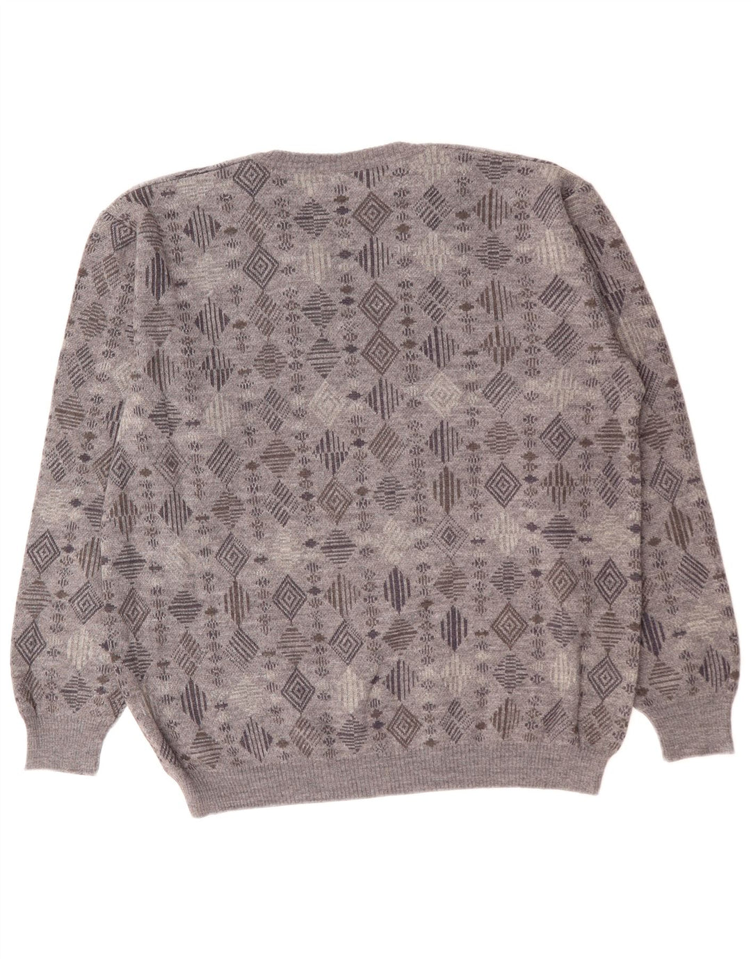 VINTAGE Mens V-Neck Jumper Sweater XL Grey Geometric