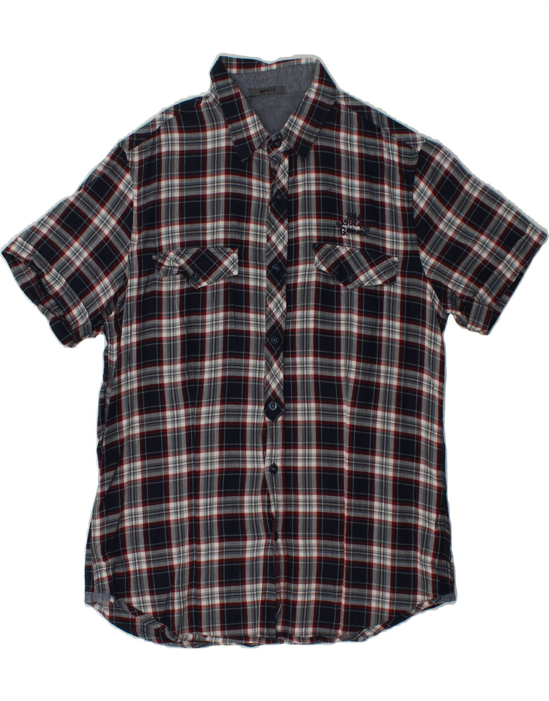 GAS Mens Short Sleeve Flannel Shirt Large Navy Blue Check Cotton Vintage Gas and Second-Hand Gas from Messina Hembry 