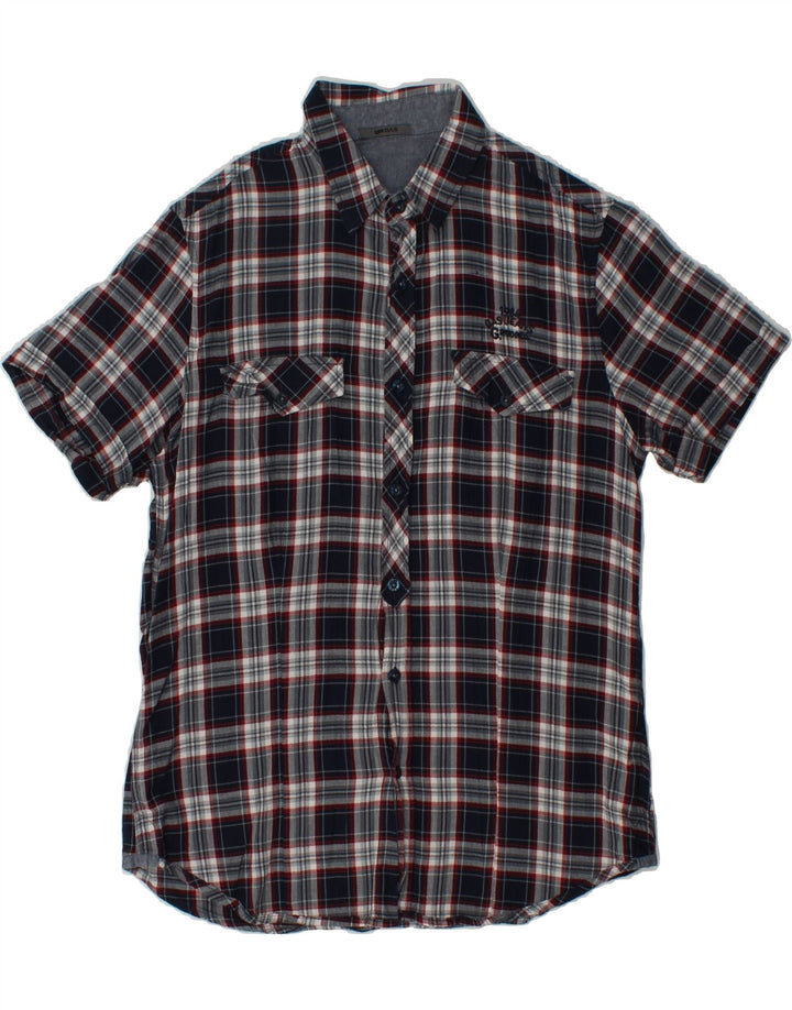 GAS Mens Short Sleeve Flannel Shirt Large Navy Blue Check Cotton Vintage Gas and Second-Hand Gas from Messina Hembry 