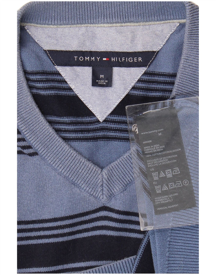 TOMMY HILFIGER Mens V-Neck Jumper Sweater Medium Blue Striped Cotton