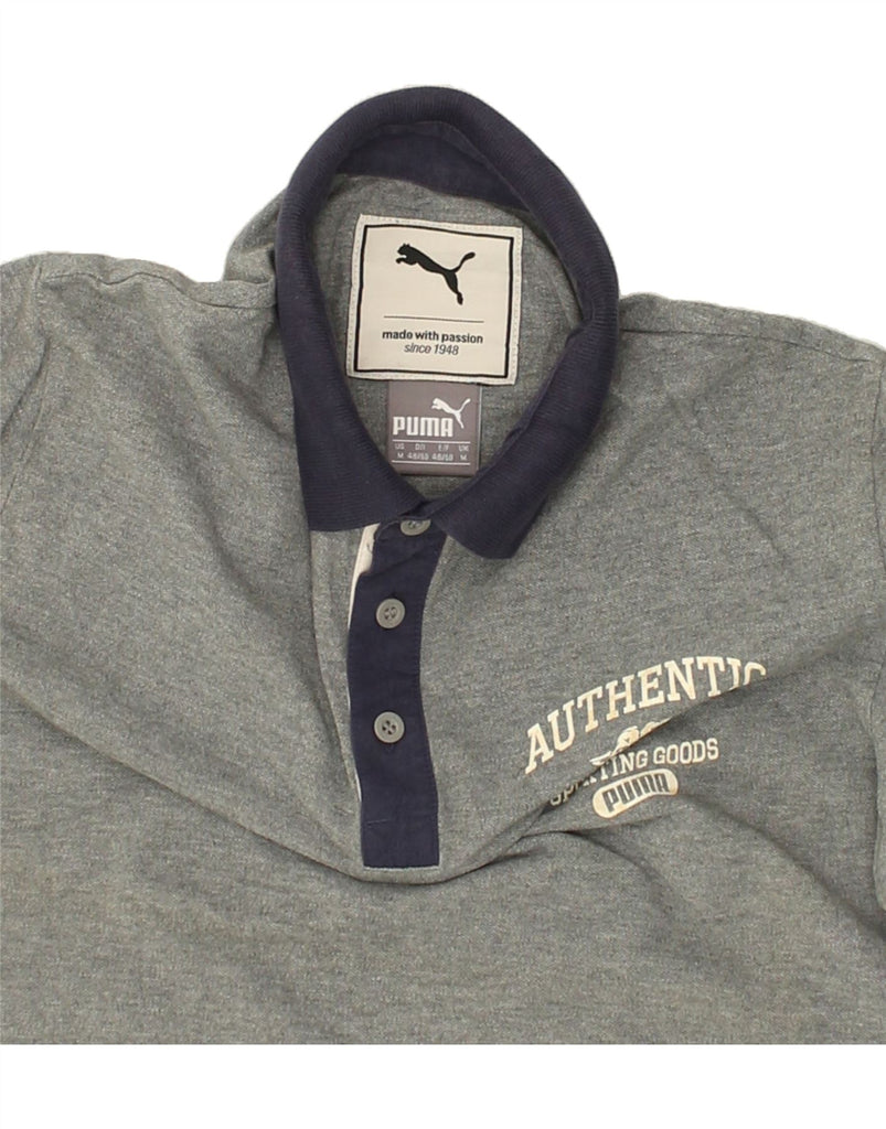 PUMA Mens Authentic Graphic Polo Shirt Medium Grey Cotton | Vintage Puma | Thrift | Second-Hand Puma | Used Clothing | Messina Hembry 