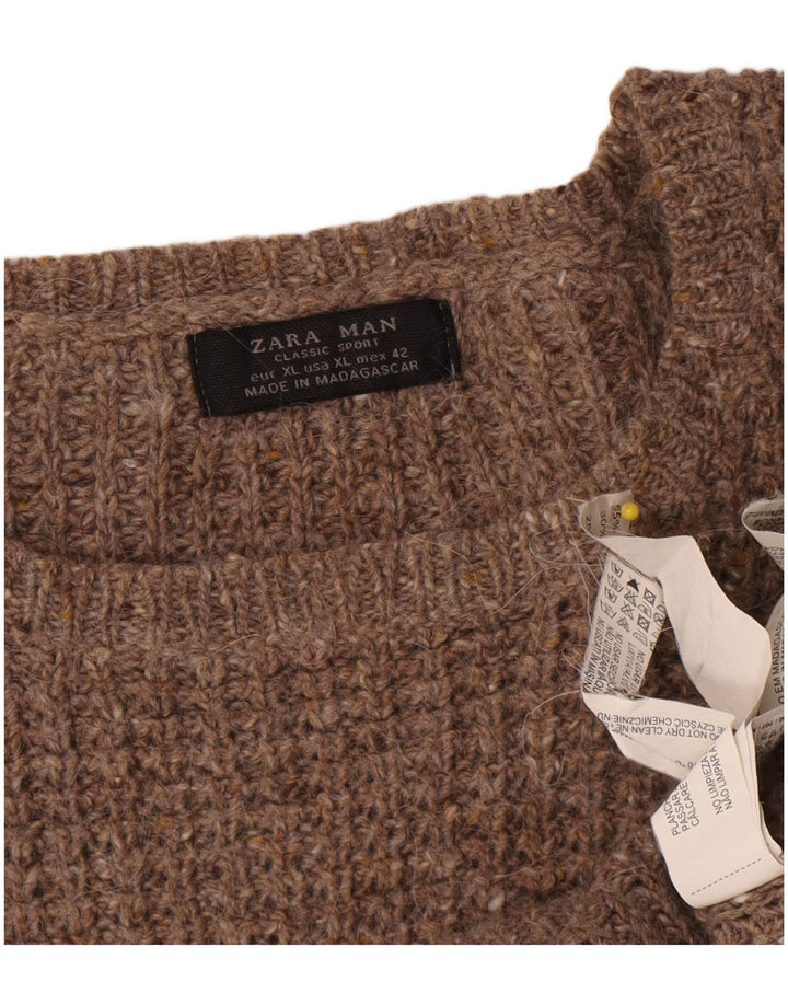 Zara Mens Crew Neck Jumper Sweater XL Brown Wool