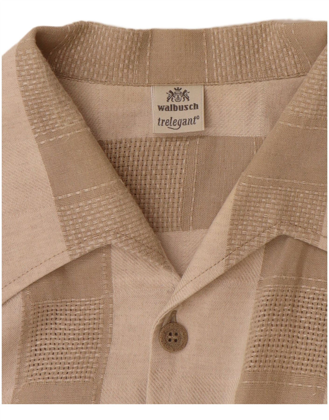 WALBUSCH Mens Short Sleeve Shirt Size 39/40 Medium Beige Striped Linen