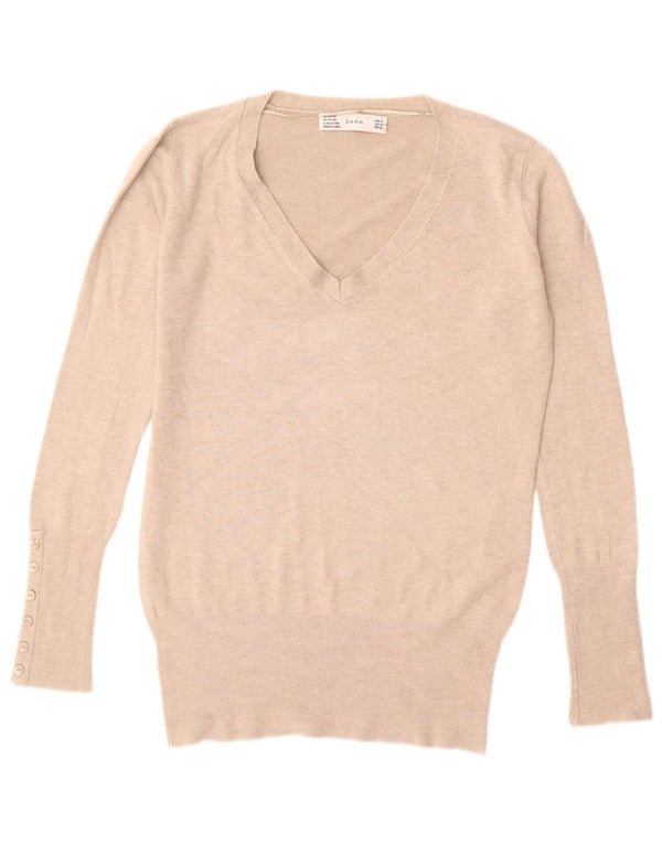 ZARA Womens V-Neck Jumper Sweater UK 12 Medium Beige