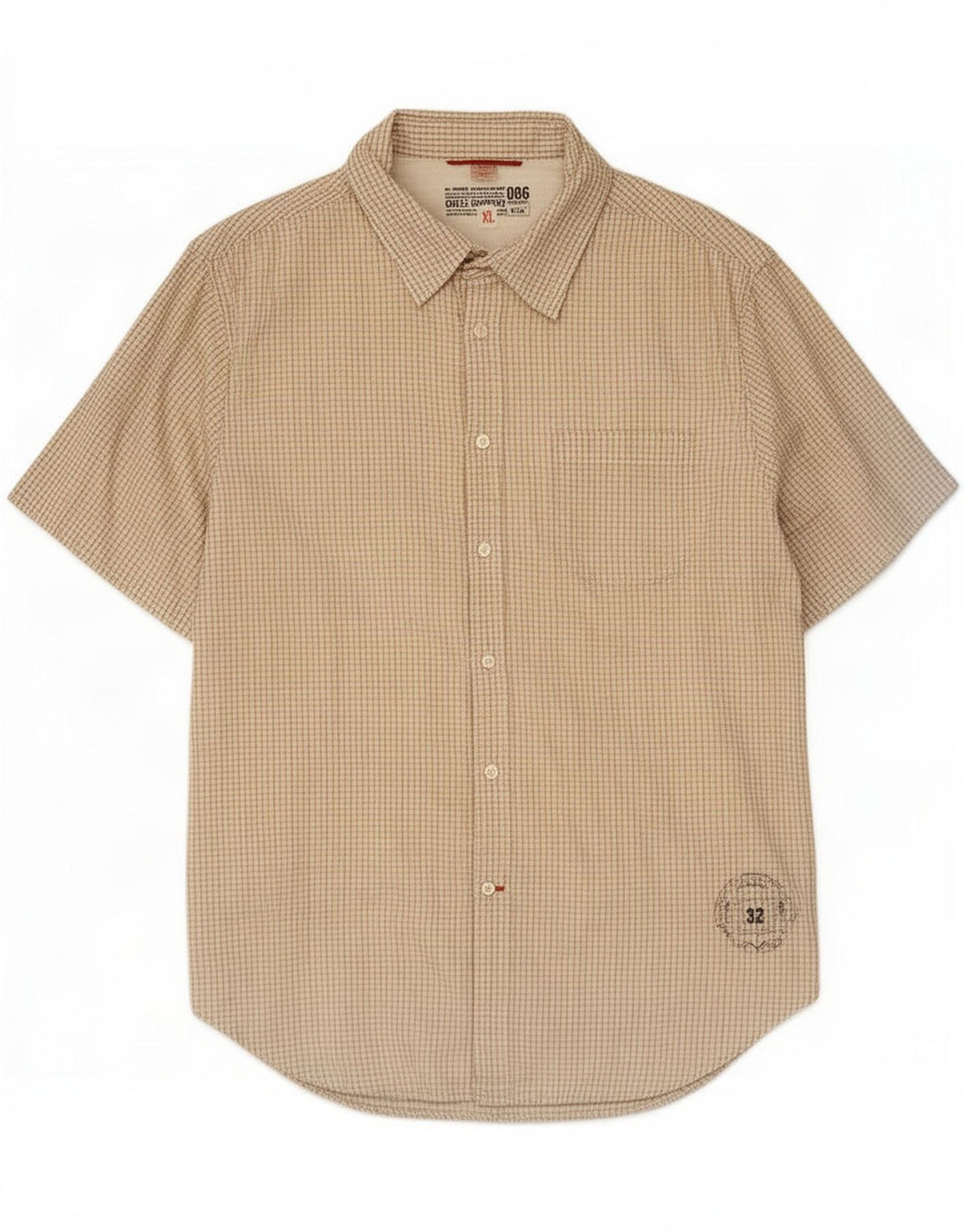 Guess Mens Short Sleeve Shirt XL Beige Gingham Cotton