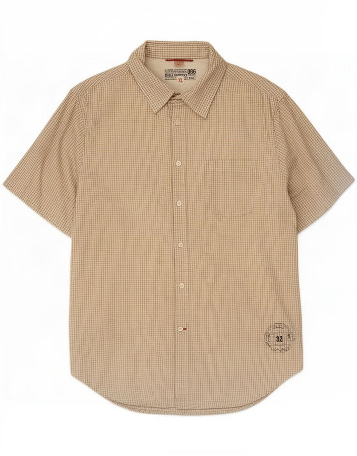 Guess Mens Short Sleeve Shirt XL Beige Gingham Cotton