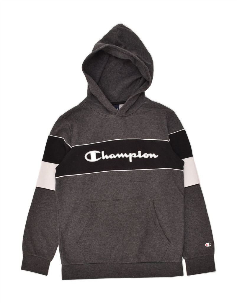 CHAMPION Boys Graphic Hoodie Jumper 11-12 Years Large  Grey Colourblock | Vintage Champion | Thrift | Second-Hand Champion | Used Clothing | Messina Hembry 