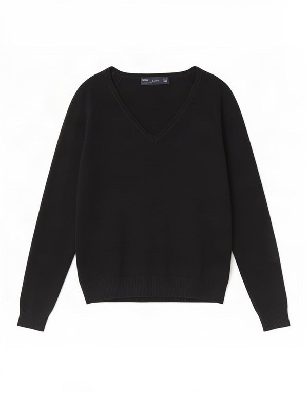 Zara Womens V-Neck Jumper Sweater UK 12 Medium Black Cotton