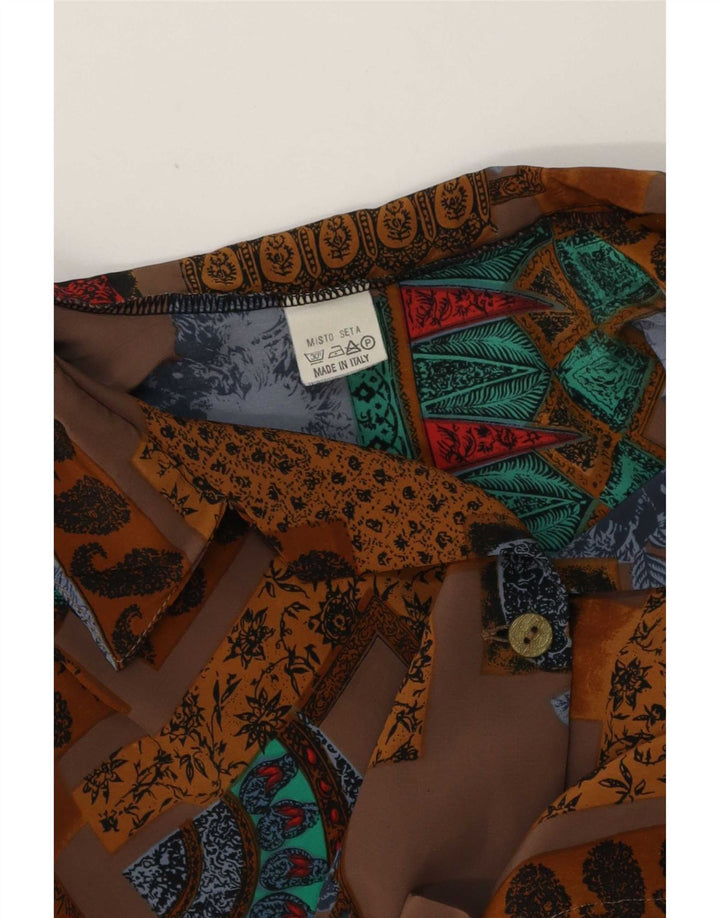Vintage Womens Short Sleeve Shirt Blouse UK 20 2XL Brown Patchwork Silk