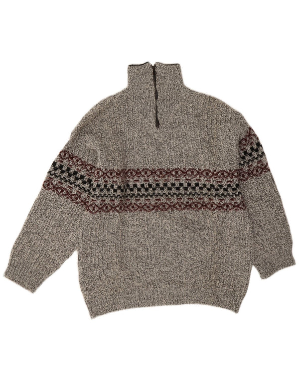 Vintage Mens Zip Neck Jumper Sweater Large Grey Fair Isle Acrylic
