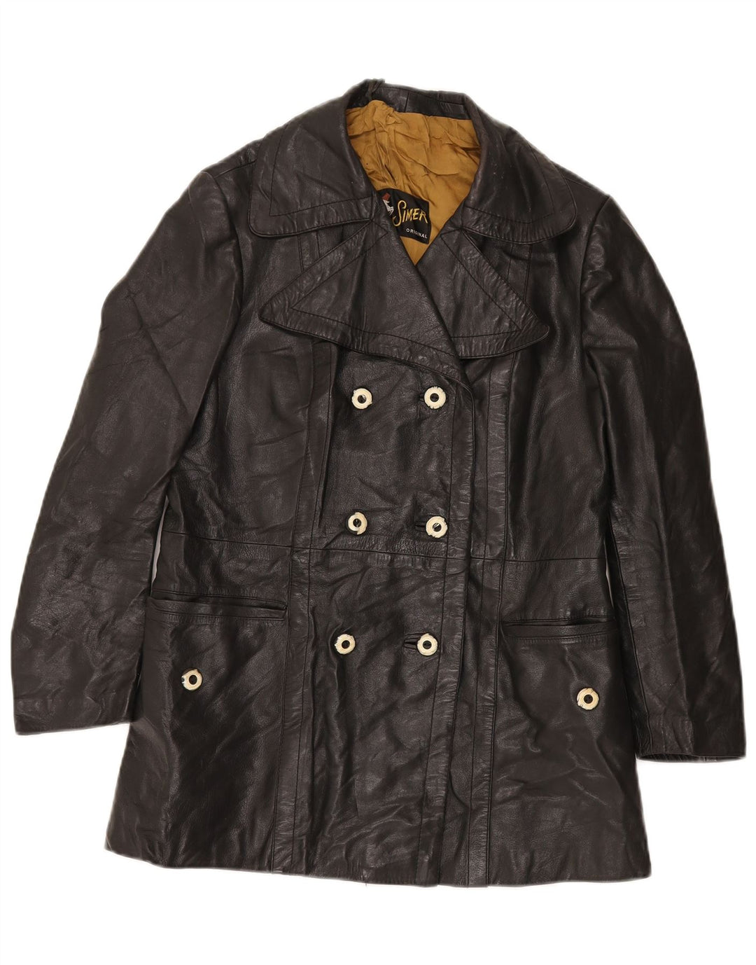 VINTAGE Womens Double Breasted Leather Jacket UK 12 Medium Black