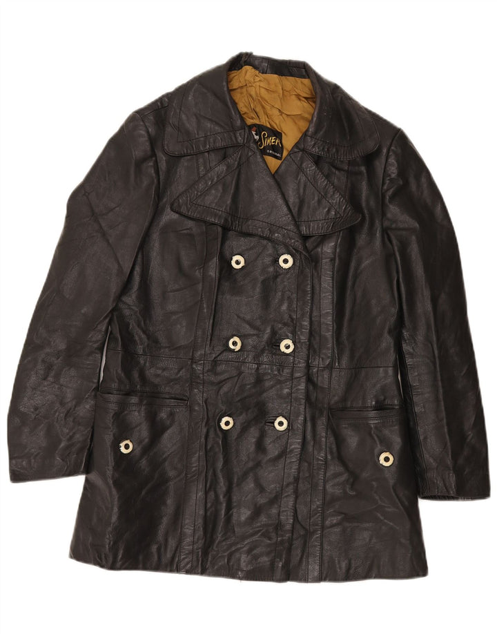 VINTAGE Womens Double Breasted Leather Jacket UK 12 Medium Black