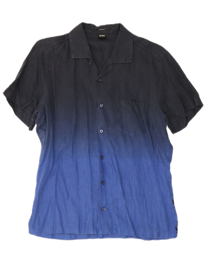 Hugo Boss Mens Short Sleeve Shirt Medium Navy Blue Colourblock Linen