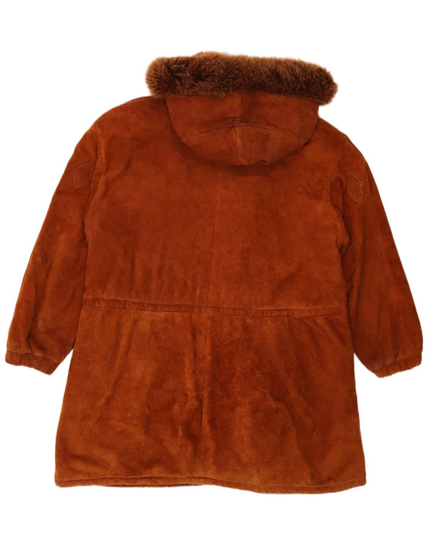 Vintage Womens Oversized Hooded Suede Overcoat IT 44 Medium Brown Leather