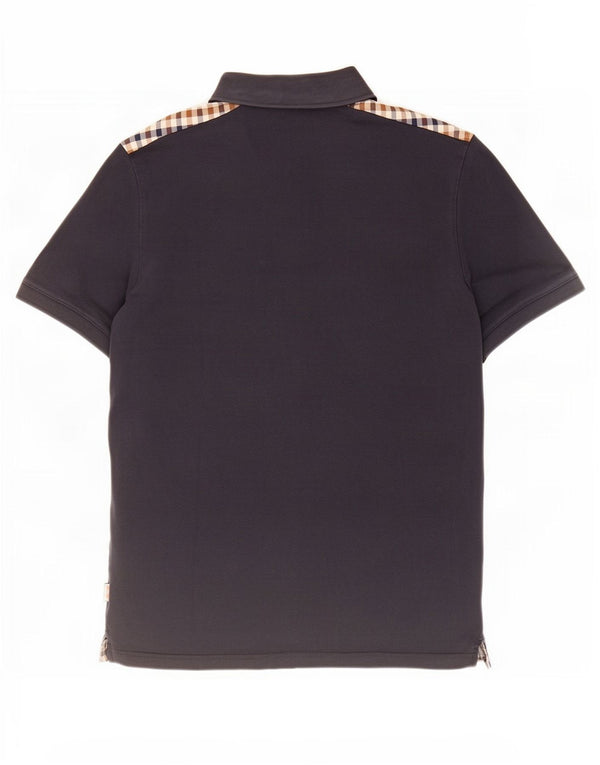 Aquascutum Mens Polo Shirt Large Navy Blue Check Cotton