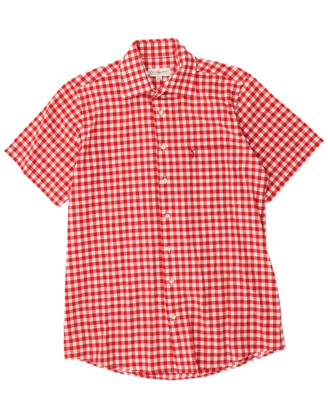 Almsach Mens Short Sleeve Shirt Size 37/38 Small Red Gingham Polyester