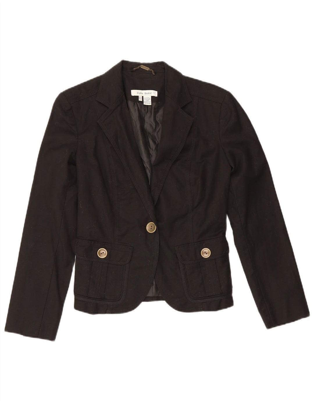 Zara Womens 1 Button Blazer Jacket UK 10 Small Black Cotton