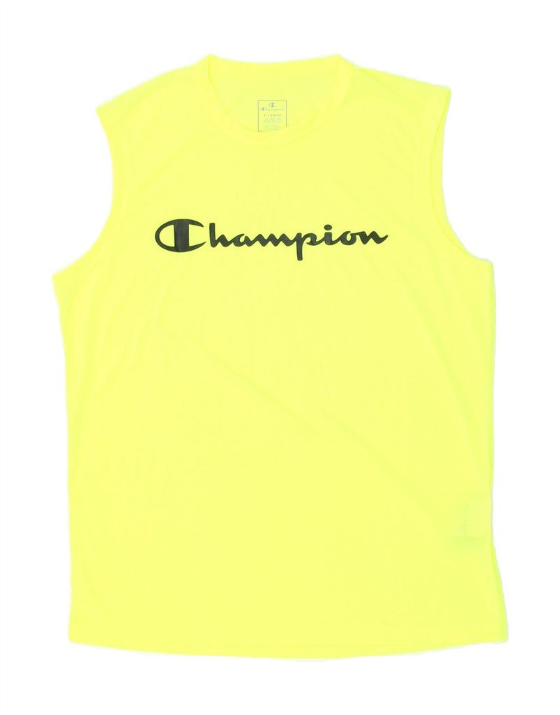 CHAMPION Mens Graphic Vest Top XL Yellow Polyester | Vintage Champion | Thrift | Second-Hand Champion | Used Clothing | Messina Hembry 