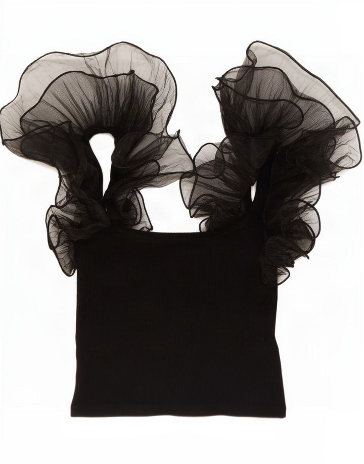 Zara Womens Ruffle Front Crop Top UK 12 Medium Black