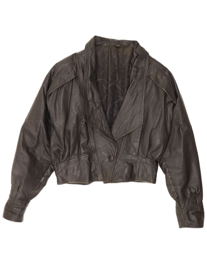 Vintage Womens Crop Oversized Leather Jacket UK 18 XL Black Leather