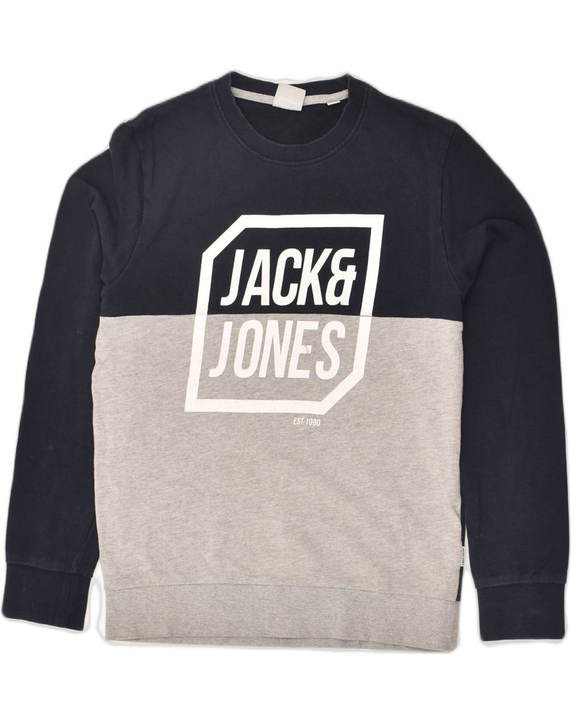 JACK & JONES Mens Graphic Sweatshirt Jumper Small Navy Blue Colourblock | Vintage Jack & Jones | Thrift | Second-Hand Jack & Jones | Used Clothing | Messina Hembry 