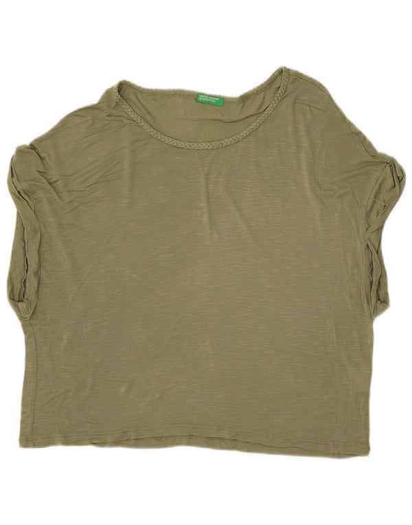 BENETTON Womens Crop Oversized T-Shirt Top UK 6 XS Khaki Flecked Viscose
