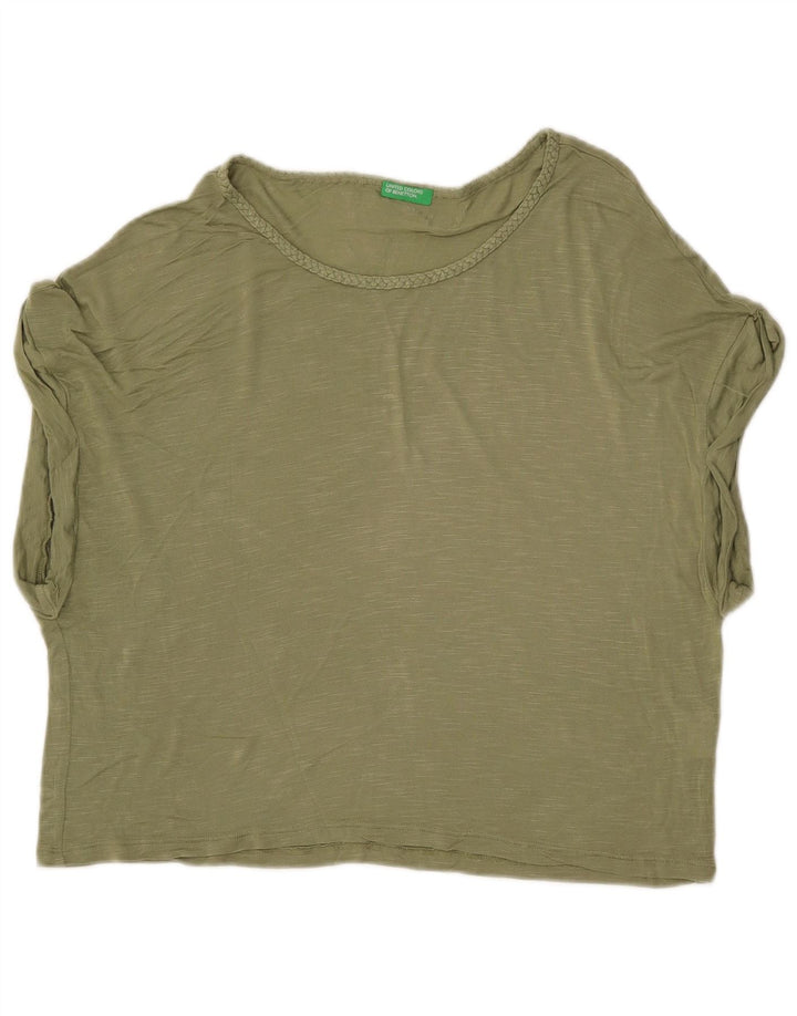 BENETTON Womens Crop Oversized T-Shirt Top UK 6 XS Khaki Flecked Viscose