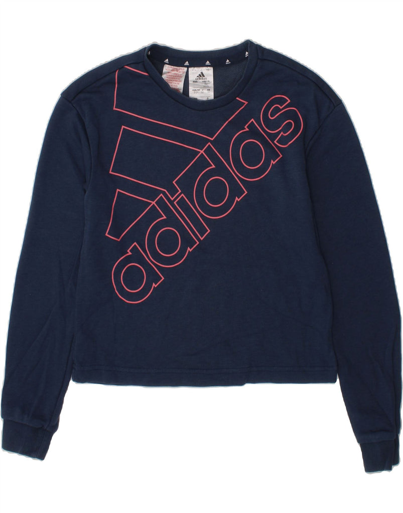 ADIDAS Girls Crop Graphic Sweatshirt Jumper 11-12 Years Navy Blue Cotton Vintage Adidas and Second-Hand Adidas from Messina Hembry 