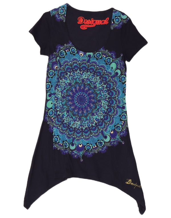 Desigual Womens Asymmetric Tunic Top UK 14 Large Navy Blue Floral