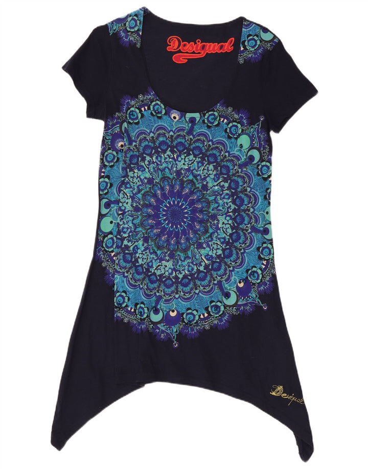Desigual Womens Asymmetric Tunic Top UK 14 Large Navy Blue Floral