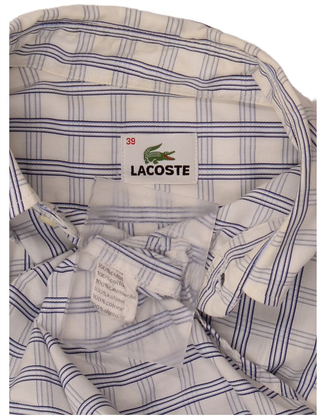 Lacoste Mens Short Sleeve Shirt Size 39 Medium White Check Cotton