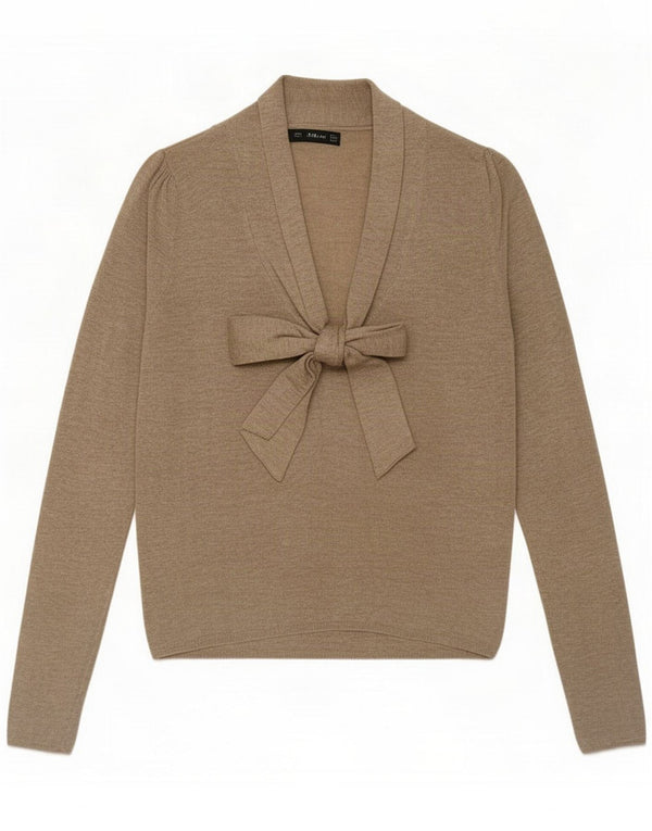 Zara Womens Front Tie V-Neck Jumper Sweater UK 12 Medium Beige