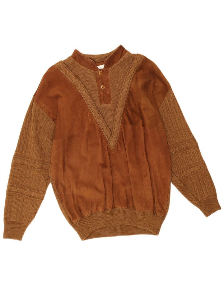 Laura Pucci Mens Button Neck Jumper Sweater Medium Brown