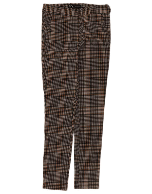 Zara Womens Slim Chino Trousers XS W24 L26 Brown Check Viscose