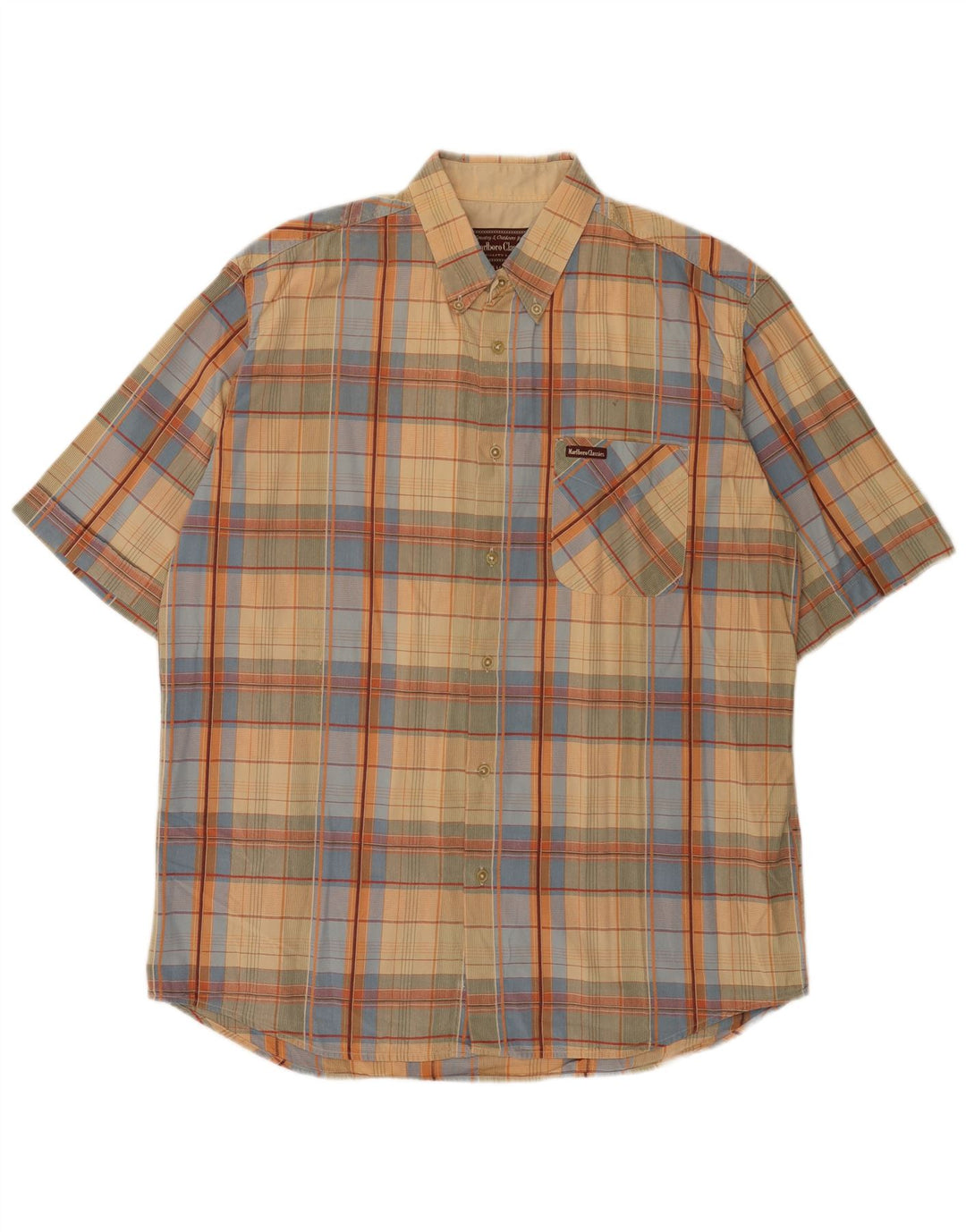 Marlboro Classics Mens Short Sleeve Shirt XL Beige Check Cotton