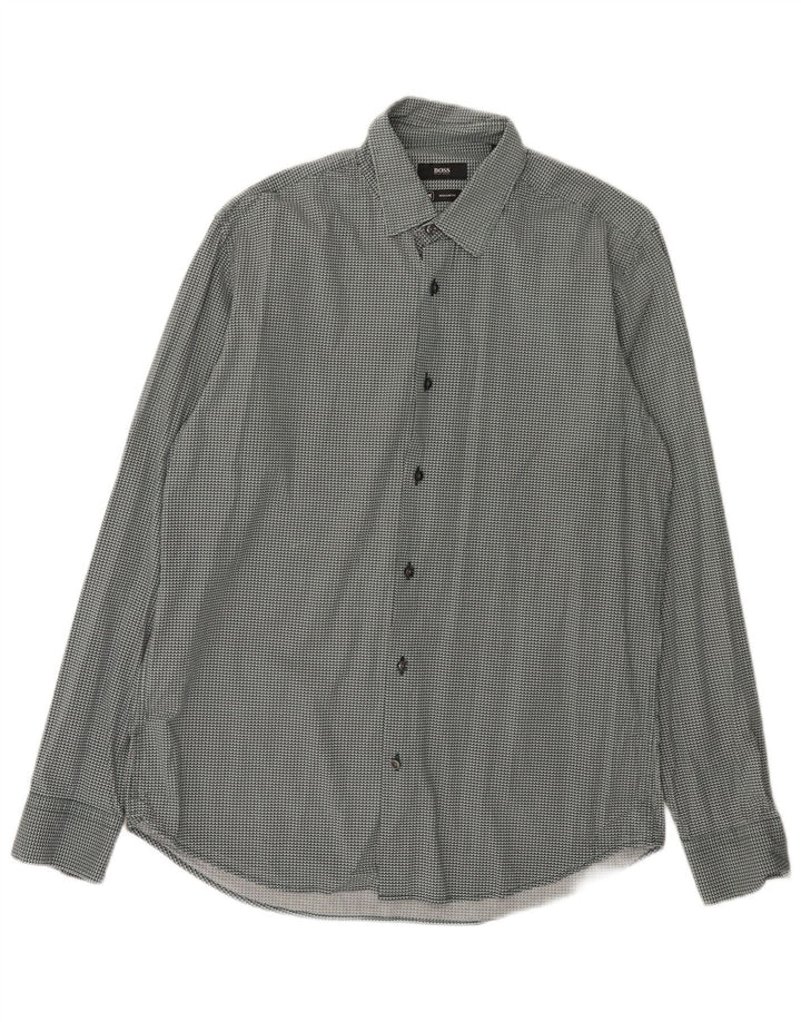 Hugo Boss Mens Regular Fit Shirt Size 40 15 3/4 Medium Green Geometric