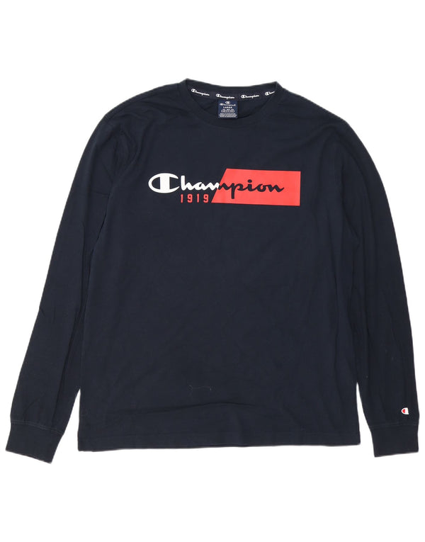 CHAMPION Mens Graphic Top Long Sleeve Large Navy Blue Cotton