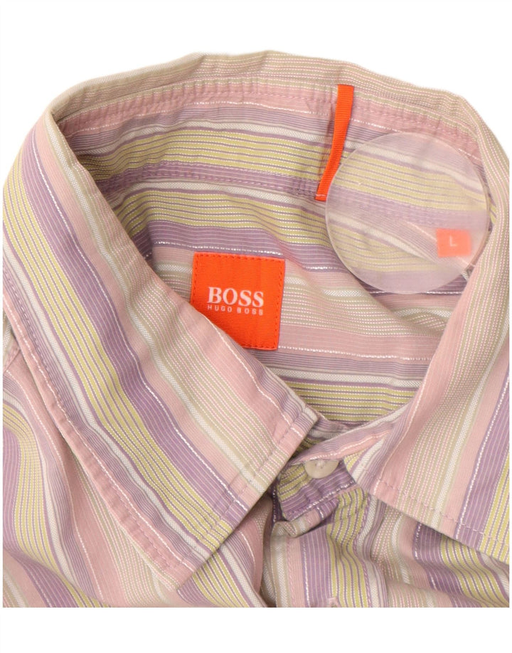 Hugo Boss Mens Short Sleeve Shirt Large Multicoloured Striped Cotton